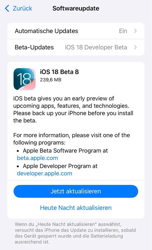 雅安苹果手机维修分享苹果 iOS / iPadOS 18 开发者预览版 Beta 8 发布 